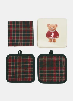 Set strofinaccio e presine in cotone tartan*Croff New